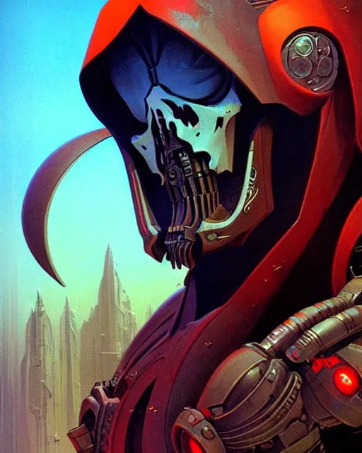 Image similar to reaper from overwatch, character portrait, portrait, close up, concept art, intricate details, highly detailed, vintage sci - fi poster, retro future, in the style of chris foss, rodger dean, moebius, michael whelan, and gustave dore