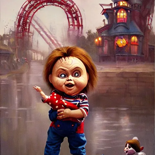 Image similar to chris patt holding the doll chucky, disney land as backdrop, oil painting, by greg rutkowski