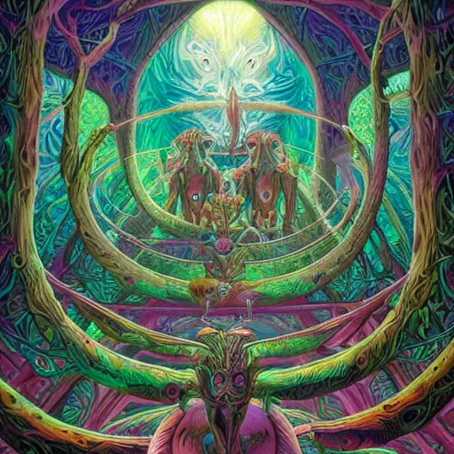 Image similar to dmt-machine-elves by artist-Nathan-Spoor, crawling across the circus floor, climbing up the winding trees