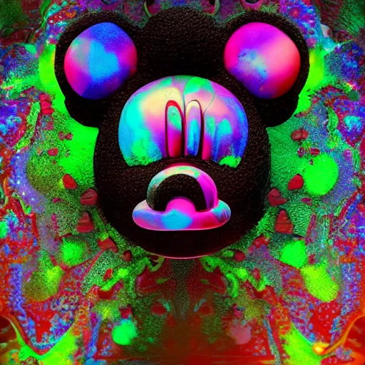 Image similar to counterfeit mickey mouse head, fractal, broken, psychedelic, wet, mycelium, radiant alien, rococo, baroque, automotive, bio-mechanical, porcelain, iridescent, sub surface scattering, octane render