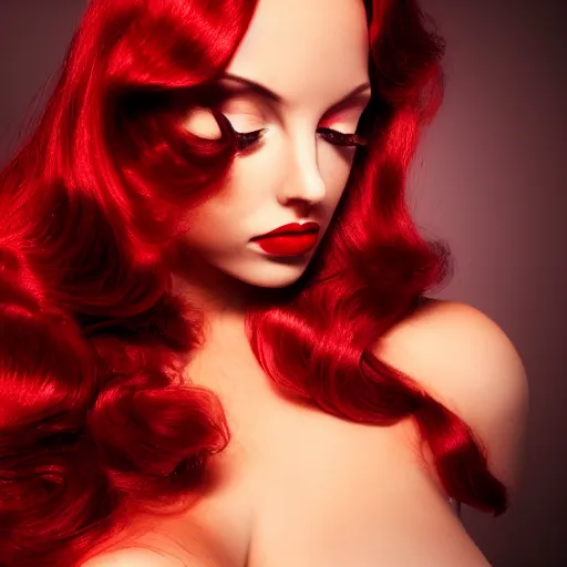 Image similar to modeling photograph full body jessica rabbit, femme fatale, beautiful, dark, mysterious, detailed flawless face, dramatic darkroom lighting high exposure, head and shoulders 8 0 mm camera