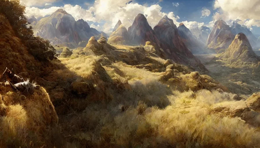 Image similar to excellent painted daemon in a wide epic beautiful landscape somewhere in south america with fluffy clouds, painted by Hans Fredrik Gude, Greg Rutkowksi, Craig Mullins and Artgerm, masterpiece, 4k, ultra realistic highly detailed oil painting