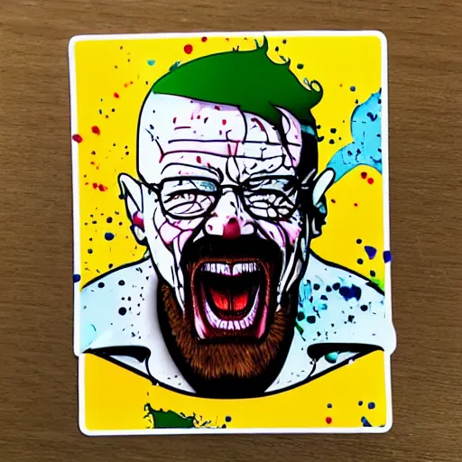 Image similar to die cut sticker, walter white laughing like the joker, splatter paint