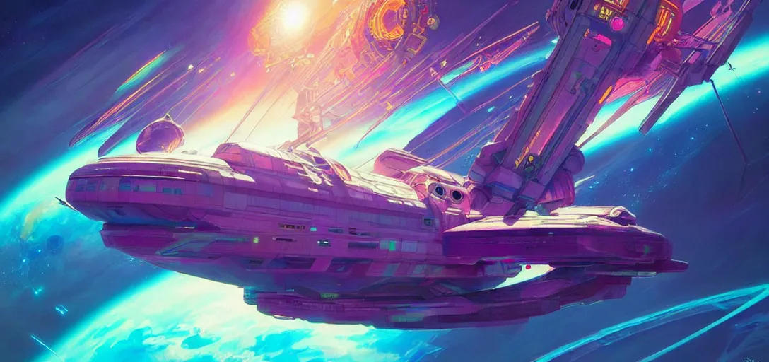 Image similar to a floating space station, channeling swirling energy, wearing netrunner clothing, vaporwave aesthetic, colorful, psychedelic, digital painting, artstation, concept art, smooth, sharp focus, illustration, art by artgerm and greg rutkowski and alphonse mucha