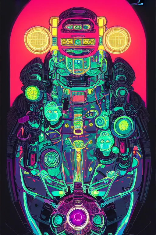 Prompt: ortographic view of Bioluminescent flourescent portrait of mecha, very intricate , by Jen Bartel and Moebius and Dan Mumford and Satoshi Kon, gouache illustration, vivid colors