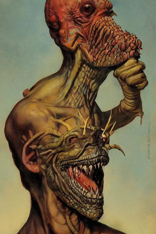 Prompt: 5 0 s pulp scifi fantasy illustration upper body and head portrait of lizard man, by norman rockwell, roberto ferri, daniel gerhartz, edd cartier, jack kirby, howard v brown, ruan jia, tom lovell, frank r paul, jacob collins, dean cornwell, astounding stories, amazing, fantasy, other worlds