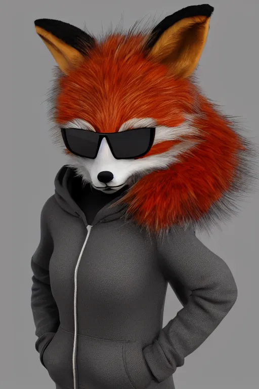 Prompt: anthropomorphic furry fox wearing a hoodie and sunglasses, octane render, highly textured fur, trending on artstation