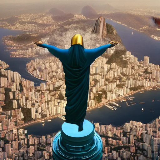 Image similar to a highly detailed picture of, the christo redentor dabbing over rio de janeiro and shouting poggers, ultrawide lens, art by john collier and albert aublet and krenz cushart and artem demura and alphonse mucha, volumetric lighting, octane render, 4 k resolution, trending on artstation, masterpiece