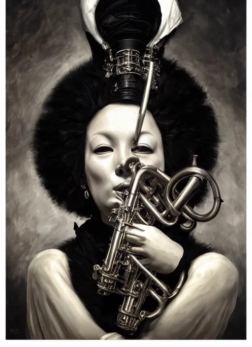 Prompt: highly detailed oil painting | very intricate | cinematic lighting | black and white, black background | the trumpet mask by alexander mcqueen | by roberto ferri, by leng jun, by j. c. leyendecker and klimt, american romanticism, by austin osman spare, artstation, cgsociety, official art, octane