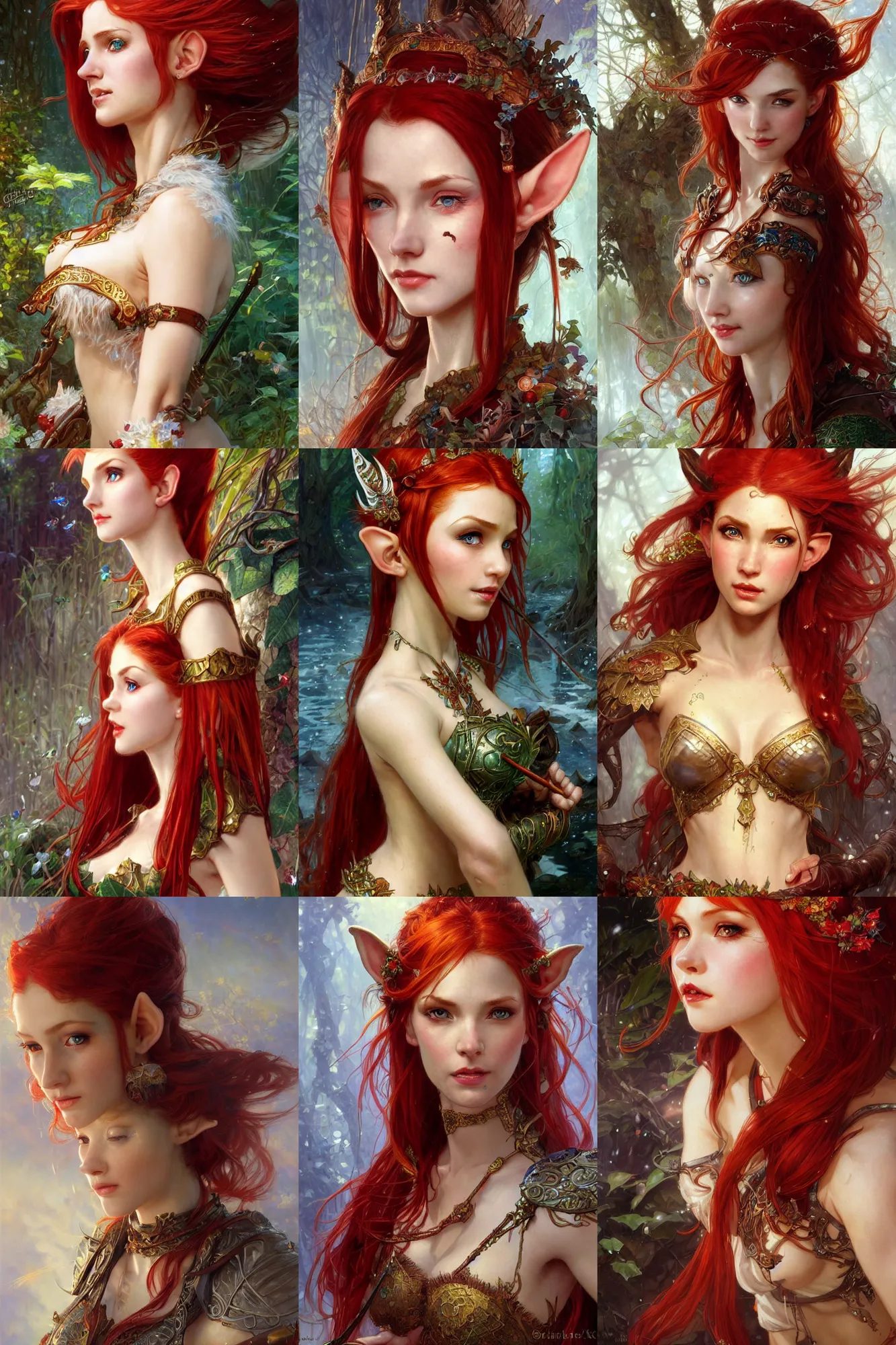 Prompt: alluring highly detailed close-up portrait of beautiful elf girl with red hair wearing a fantasy outfit, very detailed, realistic, by Stanley Artgerm Lau, greg rutkowski, thomas kindkade, alphonse mucha, loish, norman rockwell J.