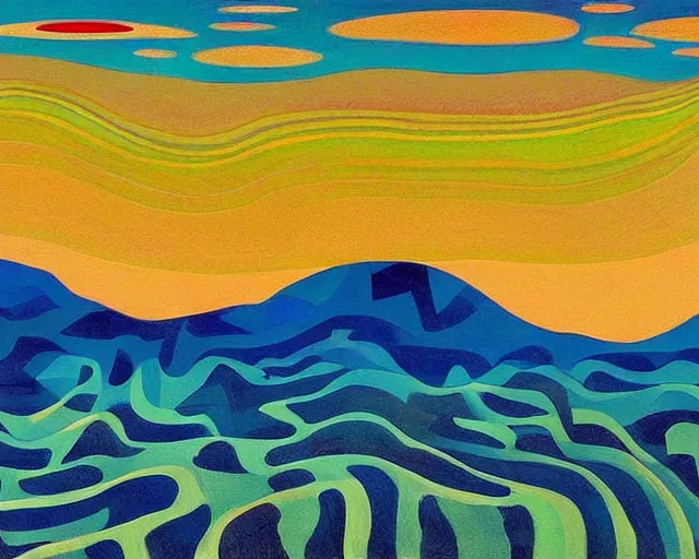 Image similar to A wild, insane, modernist landscape painting. Wild energy patterns rippling in all directions. Curves, organic, zig-zags. Saturated color. Mountains. Clouds. Rushing water. Waves. Sci-fi dream world. Wayne Thiebaud. Lisa Yuskavage landscape.