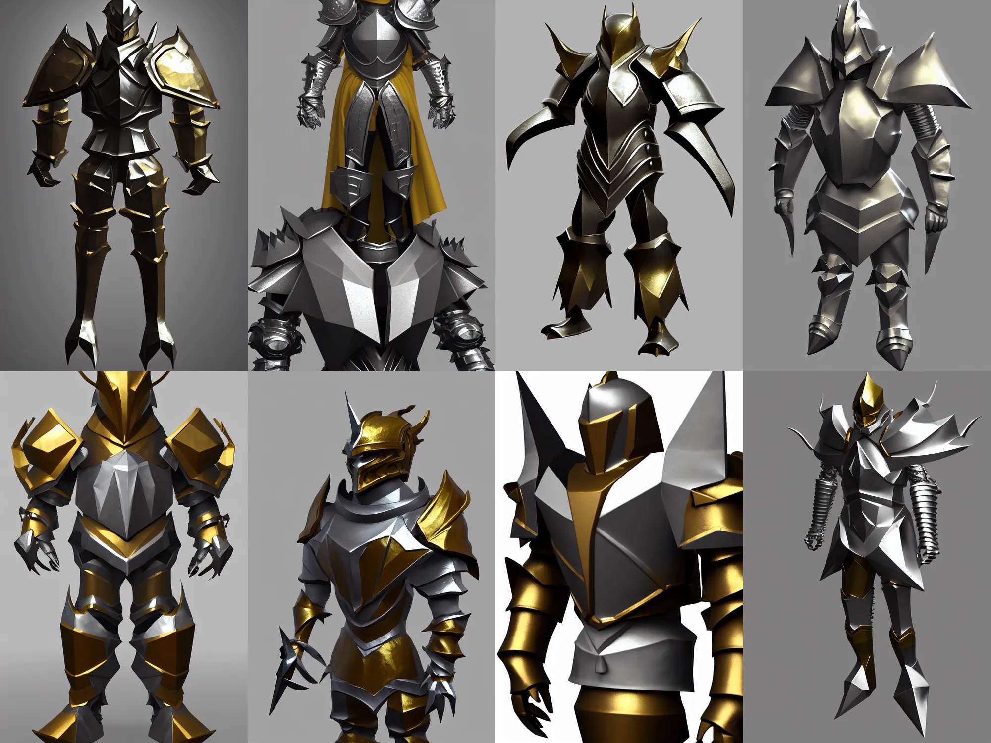 Prompt: low poly render of fantasy boss armor, silver with gold trim, huge pauldrons, medieval fantasy, extremely clean, flat shading, exaggerated proportions, trending on Artstation, heroic fantasy character concept, HD Octane render, 8k