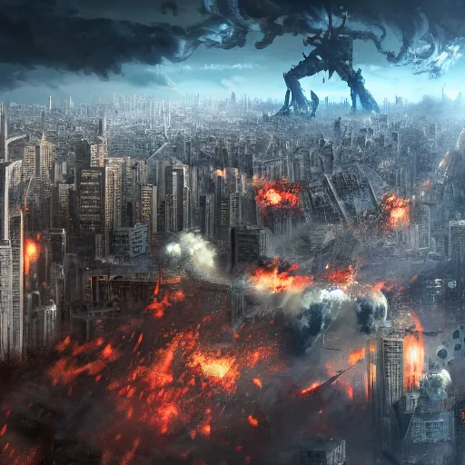 Image similar to giant man destroying the city, matte painting, concept art, 4k