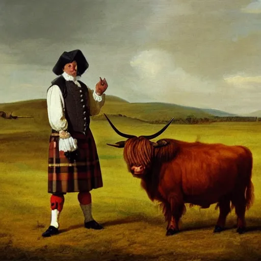 Image similar to oil painting by george stubbs of a highland cow and a man wearing 1 7 th century clothing, standing in a farm field.