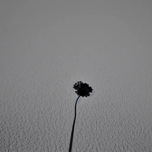 Image similar to a single small pretty desert flower blooms with a drop of moisture on a petal in the middle of a bleak arid empty desert, sand dunes, clear sky, low angle, dramatic, cinematic, tranquil, alive, life.