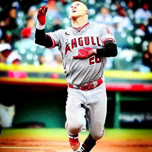 Image similar to “a realistic detailed photo of a guy who is named Mike Trout a baseball player, frozen like a statue”