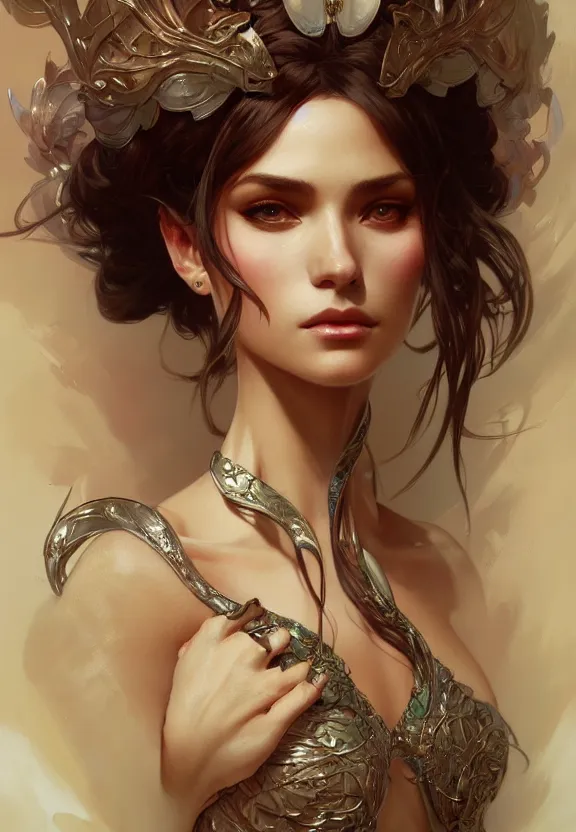 Image similar to close up of a beautiful woman on wearing concept fashion, fantasy, intricate, elegant, highly detailed, digital painting, artstation, concept art, smooth, 8 k, sharp focus, illustration, art by artgerm and greg rutkowski and alphonse mucha