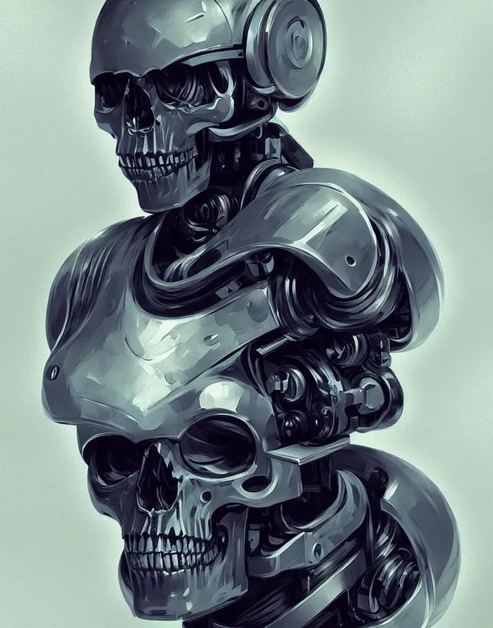 Image similar to skull - headed robot cyborg painting, illutstration, concept art, cyberpunk, futurism, comics art, artgerm, full body shot, wide angle