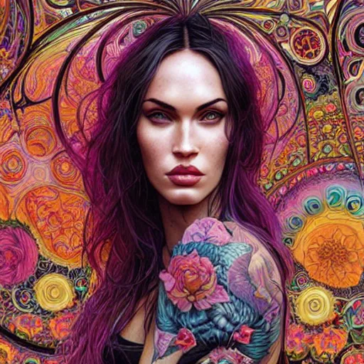 Image similar to portrait of megan fox, hyper detailed masterpiece, neon floral pattern, jean giraud, digital art painting, darkwave goth aesthetic, psychedelic, artgerm, donato giancola and tom bagshaw