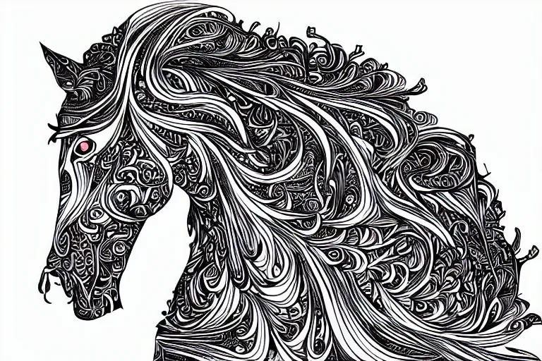 Prompt: beautiful horse, ornamental, fractal, ink draw, line art, vector, outline