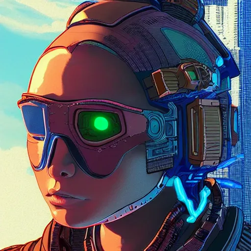 Image similar to ps2 screenshot of young cyberpunk explorer wearing futuristic headpiece, in the style of by Josan Gonzalez and Geof Darrow, highly detailed, high quality, HD, 4k, 8k, realistic, sharp, trending