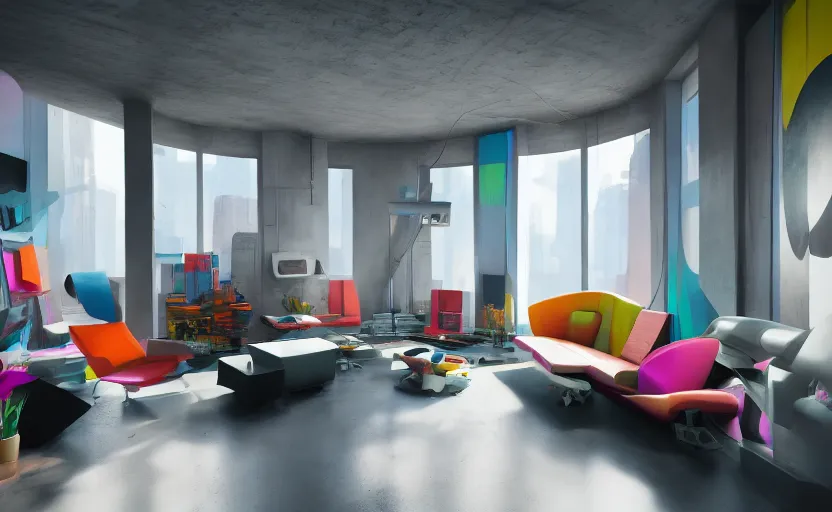 Image similar to Interior shot of a futuristic brutalist studio apartment with computers and colourful furniture by Petros Afshar and Beeple, James Gilleard, Mark Ryden, Wolfgang Lettl highly detailed