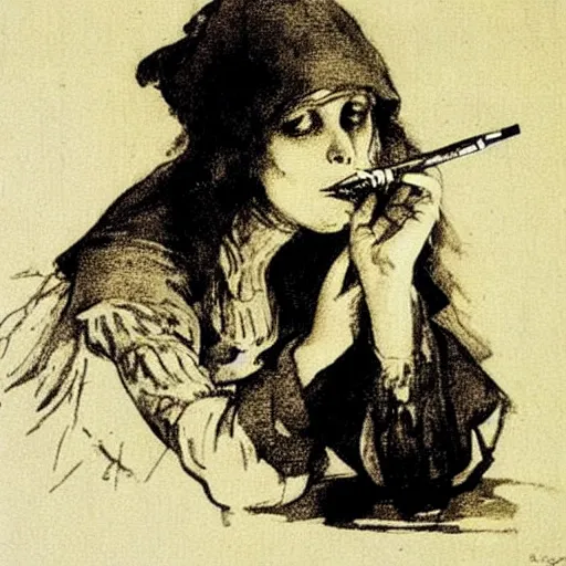 Image similar to the alchemical art of etching by master anders zorn. damsel smoking a long cigarette. ink highly detailed lines