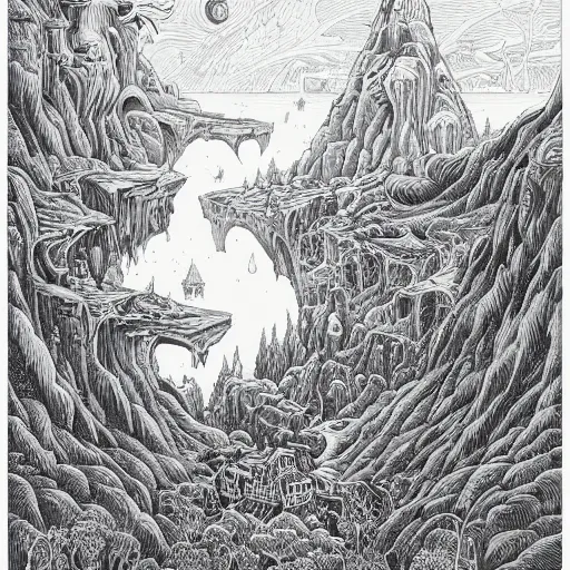 Image similar to impressive fantasy landscape, beautiful line art, pure b & w, etching illustration, square sticker, by joe fenton