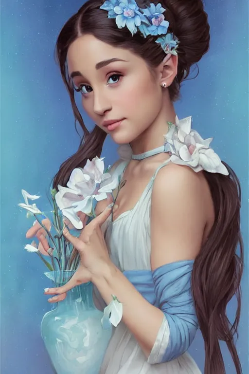 Prompt: beautiful cottagecore Ariana Grande holding a babyblue colored vase. intricate, elegant. the background is babylue !. highly detailed, digital painting, artstation, concept art, smooth, sharp, focus, illustration. . art by artgerm and greg rutkowski and alphonse mucha