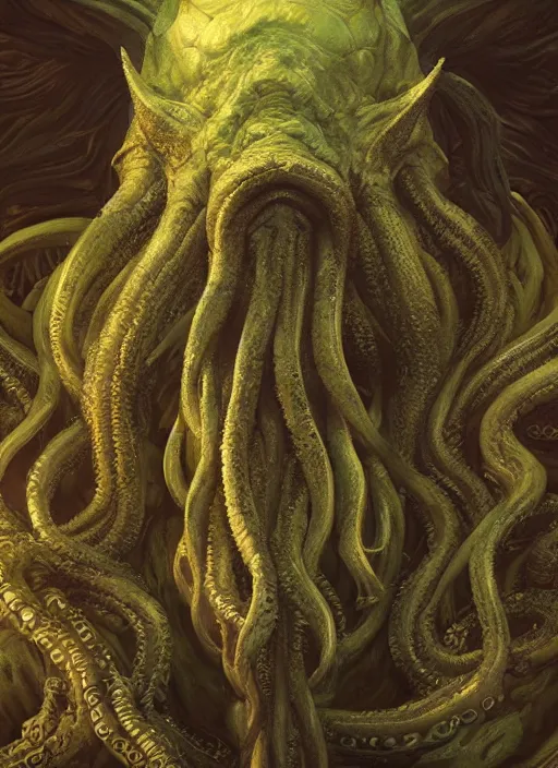 Prompt: portrait of cthulhu, hyper detailed, digital art, trending in artstation, cinematic lighting, studio quality, smooth render, unreal engine 5 rendered, octane rendered, art style by klimt and nixeu and ian sprigger and wlop and krenz cushart.