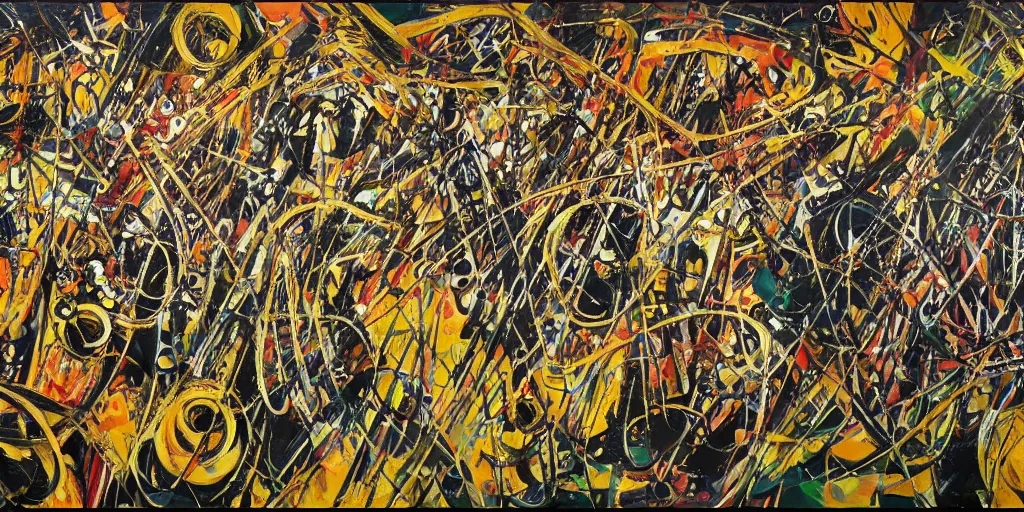 Prompt: an ultra detailed oil painting where the brass section of a symphony is interpreted by accompanying paint strokes, hyper - detailed, structured, grid, sheet music, pops of triadic colors, jackson pollock, claude monet, pierre soulages