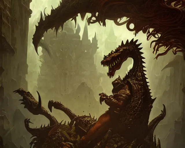 Image similar to forsaken crocodile god, cinematographic shot, deep focus, d & d, fantasy, intricate, elegant, highly detailed, digital painting, artstation, concept art, matte, sharp focus, illustration, hearthstone, art by chris rahn, slawomir maniak, alphonse mucha