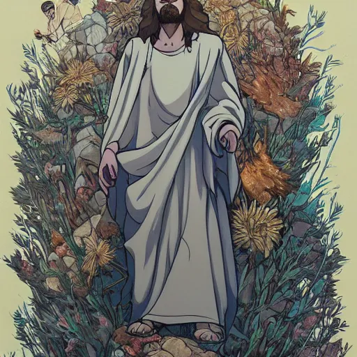 Image similar to the transfiguration of jesus christ on the mount of olices, an ultrafine detailed painting by james jean, studio ghibli, behance contest winner, vanitas, angular, altermodern