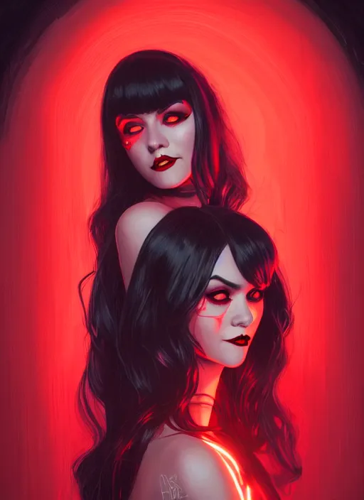 Image similar to portrait of vampire veronica lodge with bangs, vampire fangs, vampire, long hair, red clothes, bangs, vampironica, intricate, elegant, glowing lights, highly detailed, digital painting, artstation, concept art, smooth, sharp focus, illustration, art by wlop, mars ravelo and greg rutkowski