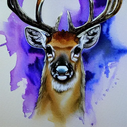 Image similar to water color and pen, high resolution, detailed, trending on artstation, deer