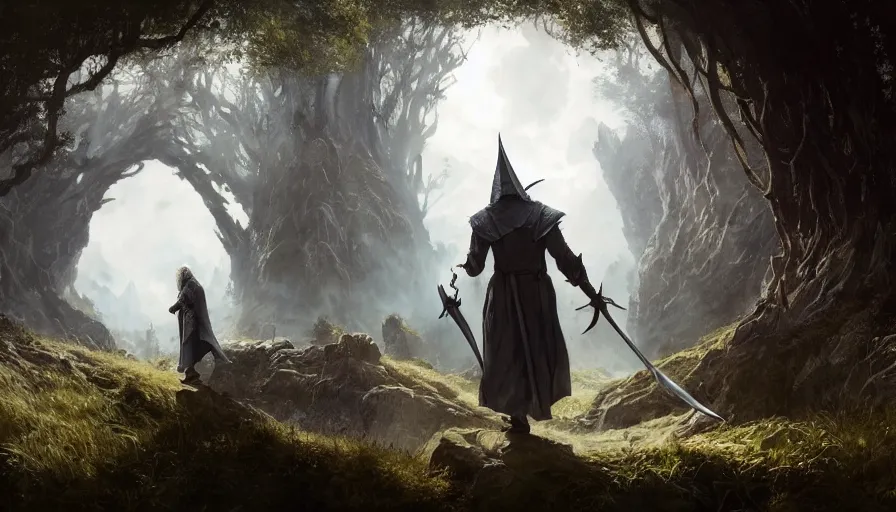 Image similar to concept art of gandalf approaching the shire, hobbiton, intricate, elegant, highly detailed, greg rutkowski, dishonored 2, bioshock, scifi, john park, frazetta, john howe, ruan jia, jeffrey catherine jones