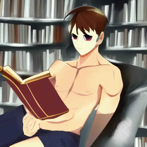 Prompt: shy handsome muscular vampire who is reading a book in a library, tan skin, underbite, short hair, Makoto Shinkai, detailed, concept art