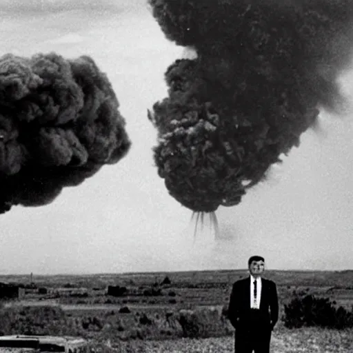 Prompt: Mr Bean watching the atomic bomb explode in the distance