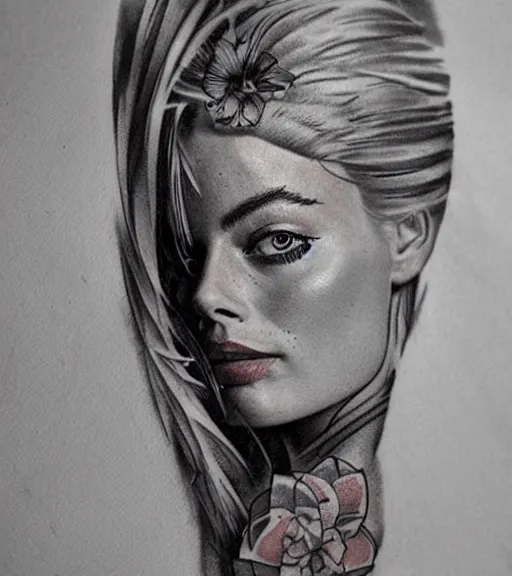 tattoo design sketch of margot robbie and beautiful | Stable Diffusion ...