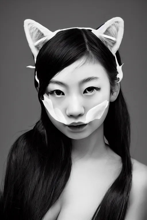 Image similar to aesthetic photograph of alluring young Japanese woman wearing white cat ears, by Nick Knight and jia ruan, headshot, cat-girl cosplay, realistic, photorealistic, HD, 4k resolution