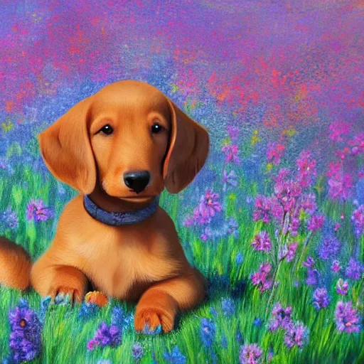 Image similar to cute fluffy daschund puppy sitting in flower meadow landscape detailed painting 4 k