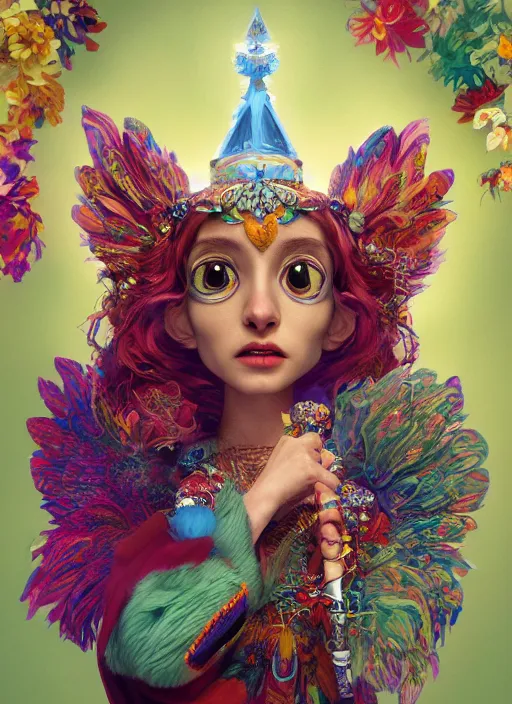 Image similar to an anthropomorphic beautiful goddess female wizard made of owl portrait holding a staff wearing colourful robe, fine art, award winning, intricate, elegant, sharp focus, octane render, hyperrealistic, cinematic lighting, highly detailed, digital painting, 8 k concept art, art by jamie hewlett and z. w. gu, masterpiece, trending on artstation, 8 k