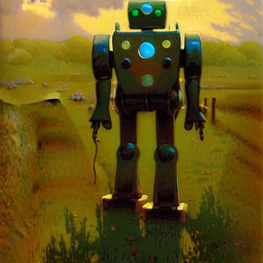 Image similar to detailed cinematic wide shot of a bad robot in a green field, cute, ultra realistic, spring light, painting by gaston bussiere, craig mullins, j. c. leyendecker