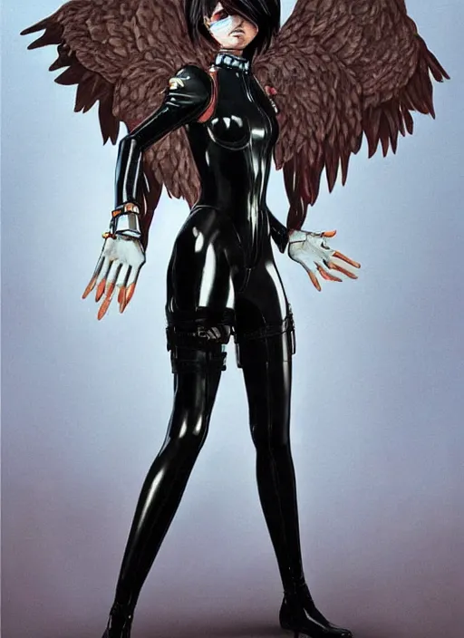 Image similar to full body artwork of tracer overwatch, wearing black latex outfit, in style of zdzisław beksinski, angel wings, dramatic painting, wearing detailed leather collar, black shiny armor, chains, black harness, detailed face and eyes,