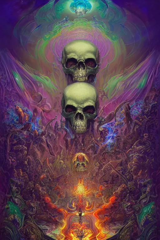 Image similar to gigantic psychedelic demonic cosmic skull of death and fire of outer space, fantasy painting, ultra realistic, dmt, wide angle, art nouveau, intricate details, digital painting, rainbowshift, vivid colors, highly detailed by peter mohrbacher, h. r. giger, maxfield parrish, craig mullins, octane render, cgi