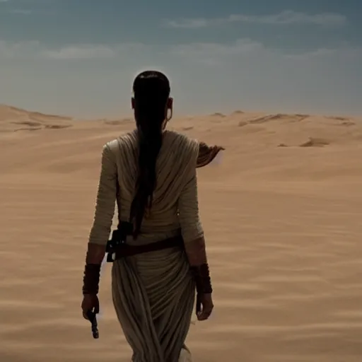 Prompt: rear view of Rey from Star Wars walking along the dunes on Jakku.