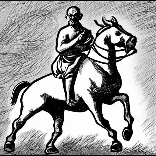 Image similar to gandhi, riding horse, comic style, by arthur adams, black and white