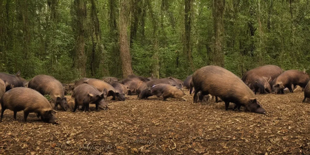 Image similar to a trap camera night photo of a big group of wild boars in a forest, real, photography