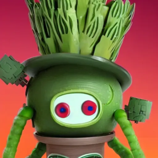 Image similar to robot made of vegetables with big avocado hat and a carrot sword, made in abyss style