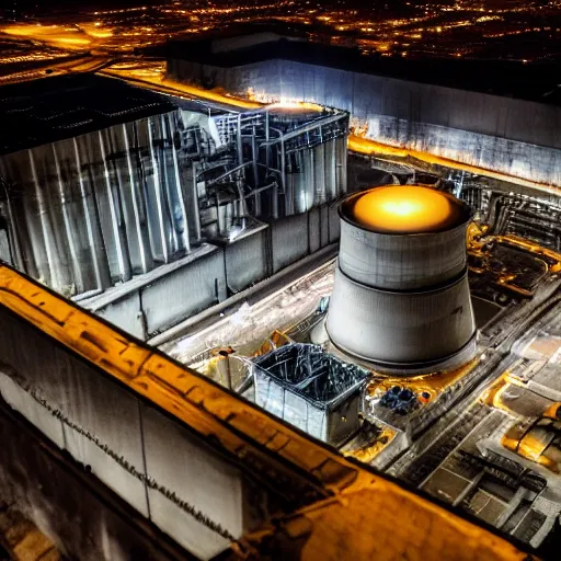 Image similar to photo of an inside nuclear power plant at night birdseye view inception cinematic